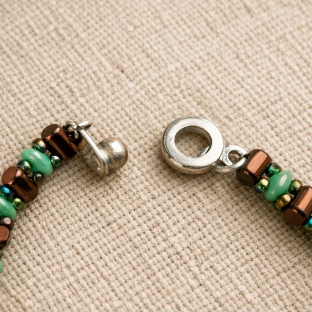 Artisan Beaded Bracelet | Teal Green Glass & Copper Brown Tones | Boho Handmade - Picture 2 of 2